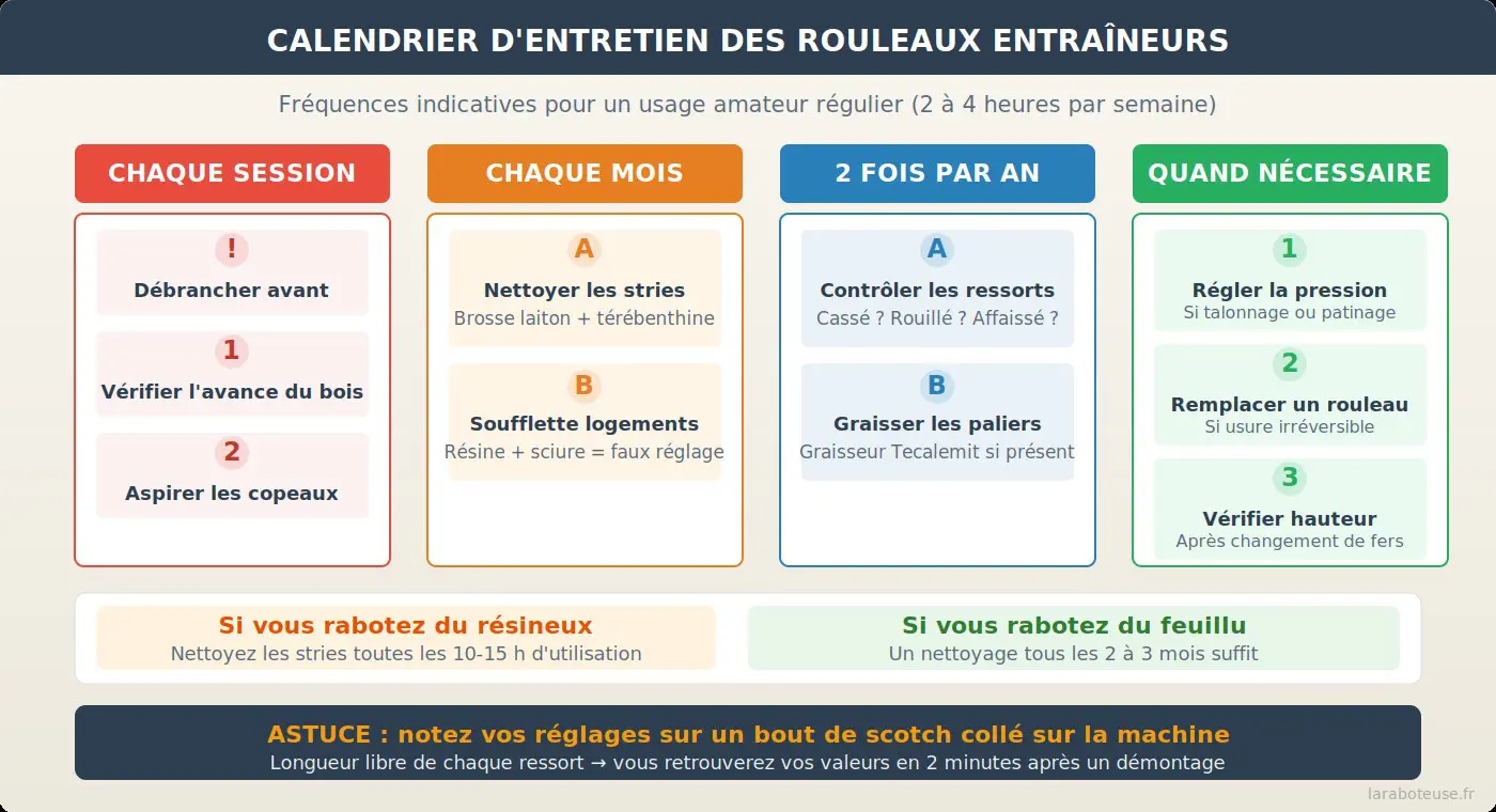 Calendrier d'entretien des rouleaux entraîneurs de raboteuse : gestes à effectuer chaque session, chaque mois, deux fois par an et quand nécessaire, avec distinction résineux et feuillus