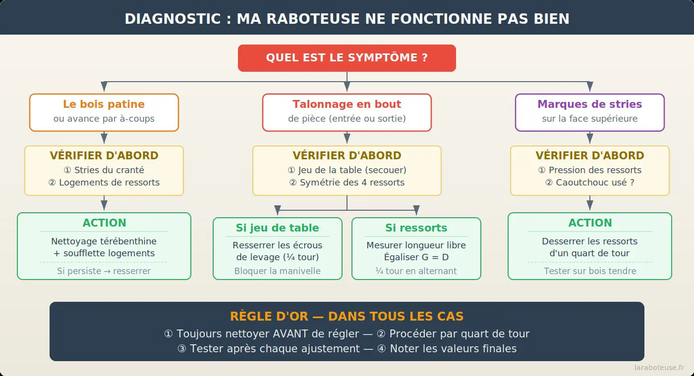 Arbre de diagnostic des problèmes de rouleaux entraîneurs : trois symptômes (bois qui patine, talonnage, marques de stries) avec pour chacun les vérifications prioritaires et les actions correctives à mener
