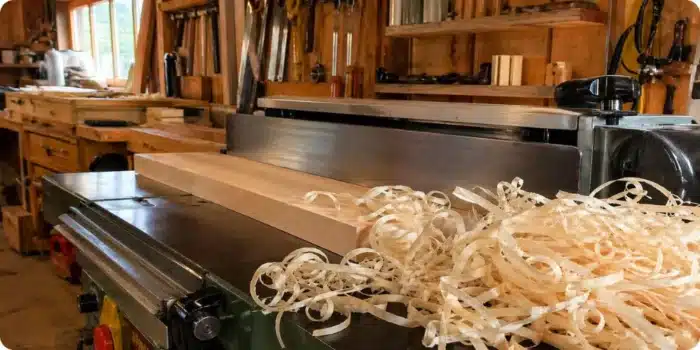 Copeaux de bois fins sortant d’une dégauchisseuse-raboteuse bien réglée dans un atelier de menuiserie