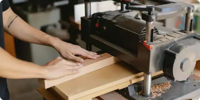 Planche de bois passée dans une raboteuse stationnaire en atelier, surface en cours de dressage